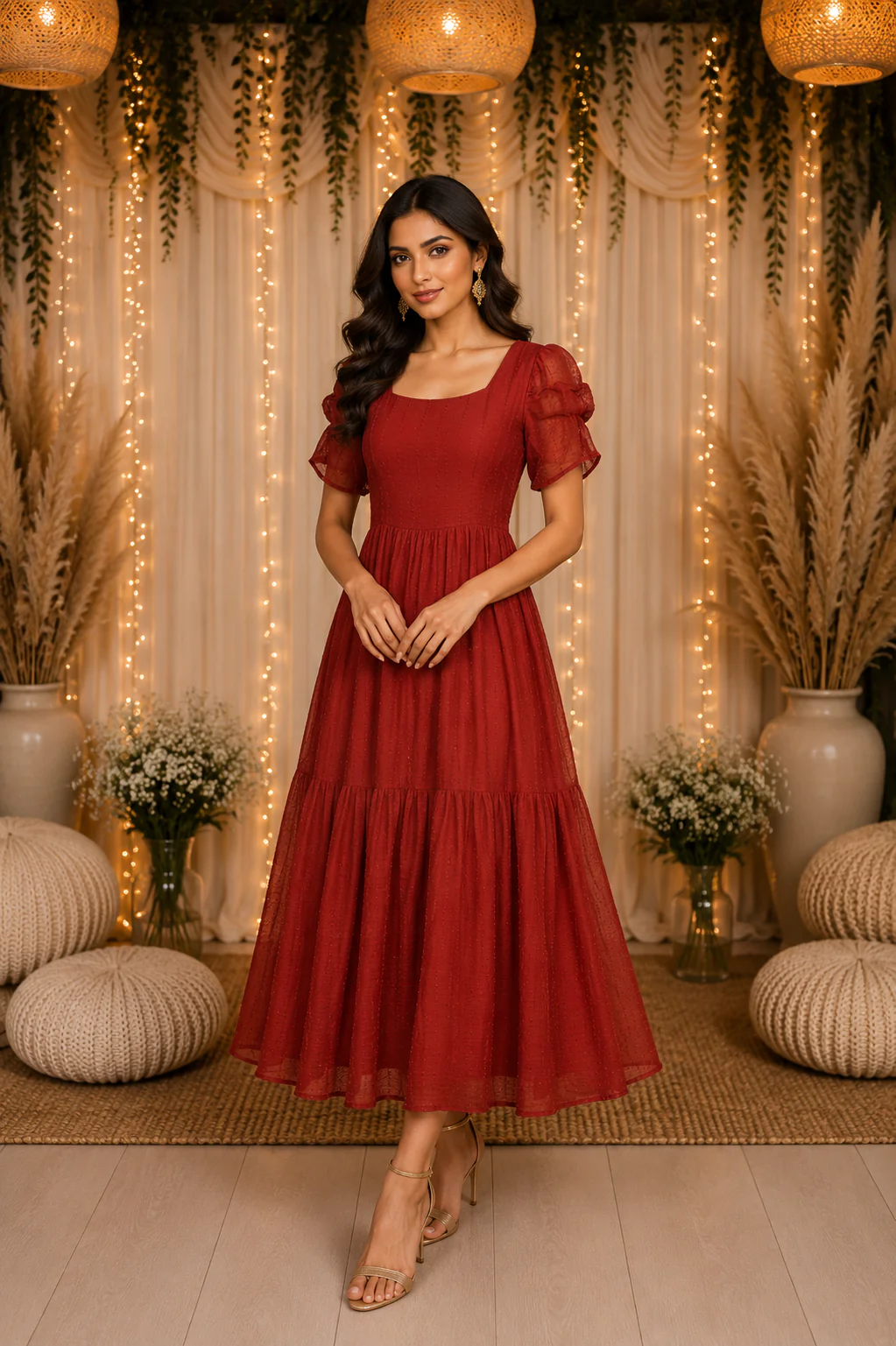 Red with Stripes Pattern and Short Sleeves Gown
